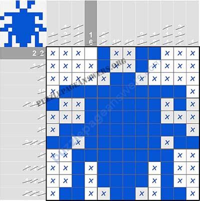The idea of this game is plain simple you have numbers in each column and all you need to do is fill the empty squares with blue color and x symbol depending on the number the column has. . Puzzle page crossout issue 1 page 9